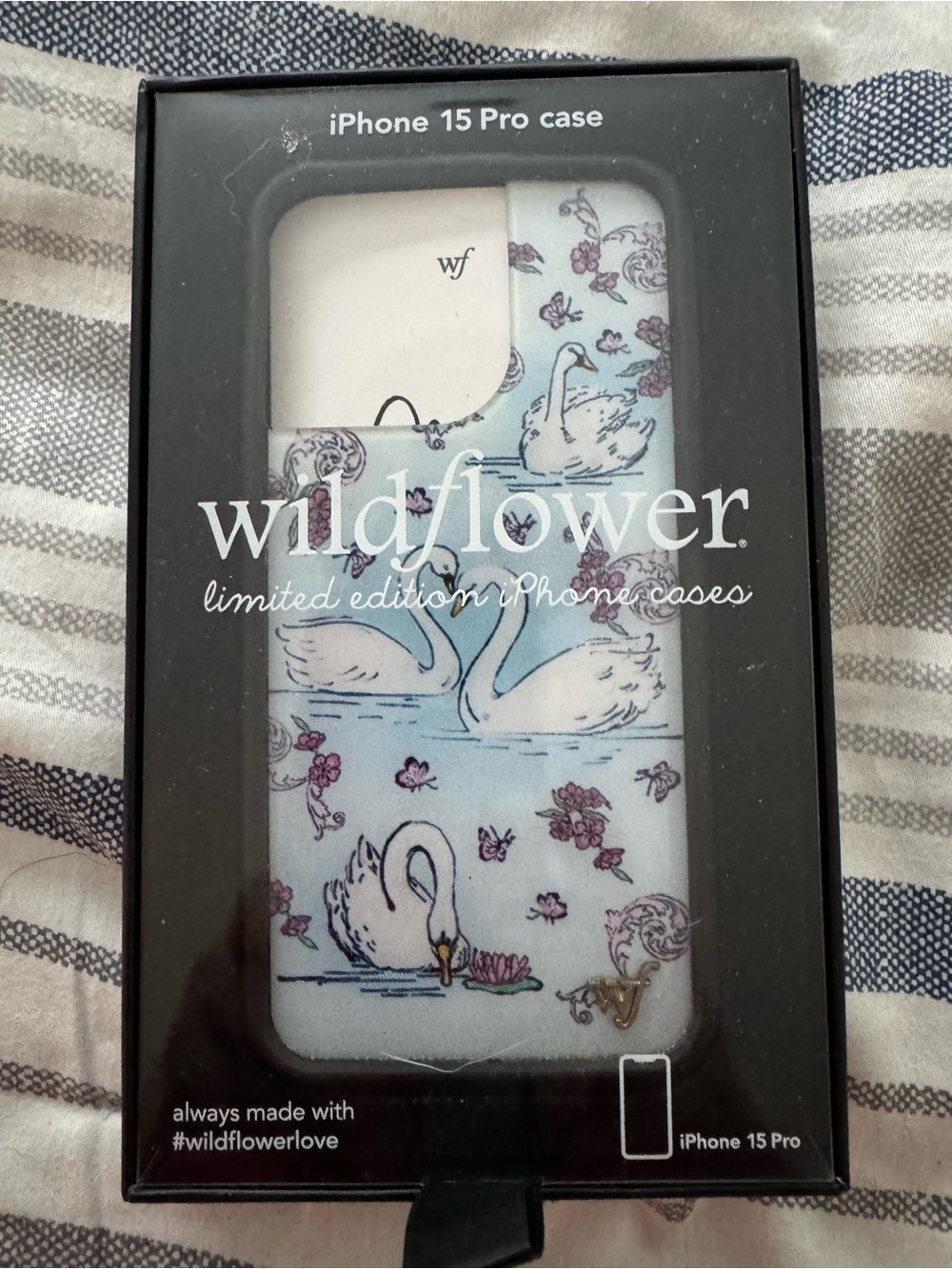 Wildflower Swan Print iPhone 15 Pro Case - Light Blue & White with Pink Accents